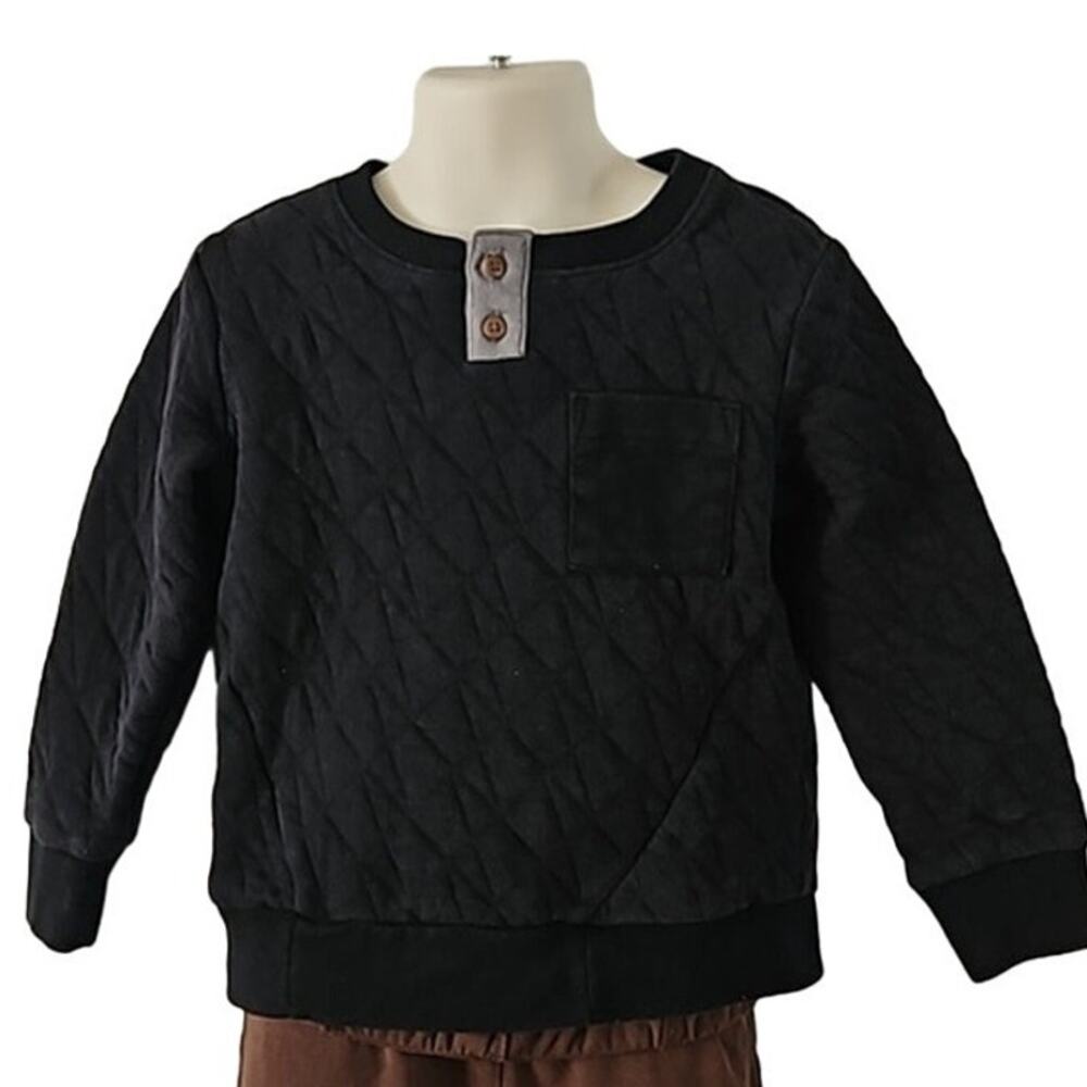 Cat & Jack Boys 5T Black Quilted Long Sleeve Pullover Sweatshirt Henley EUC